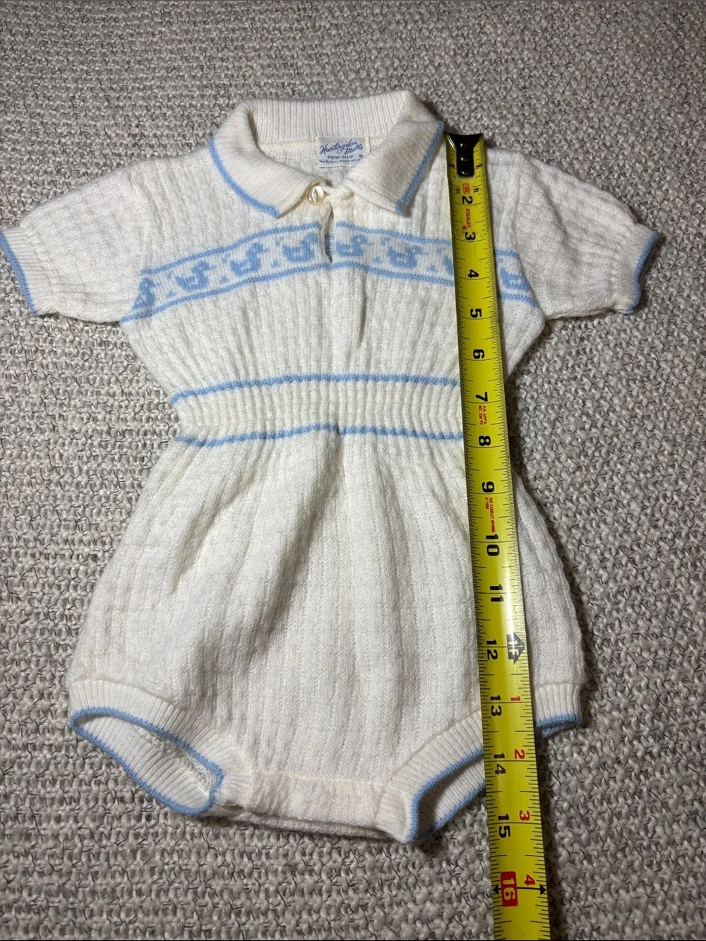 Vintage 60s Huntington Mills White Knit Bubble Romper with Blue Ducklings 9 mo